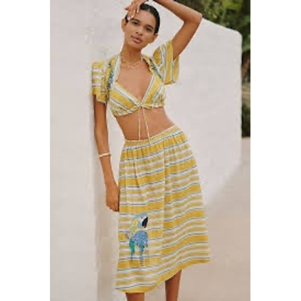 Celandine Anthropologie Yellow Striped Parrot Crop‎ Top Skirt Set L XL